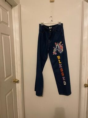 just be Dark Blue Jeans with Floral 'BLESSED' Appliqué